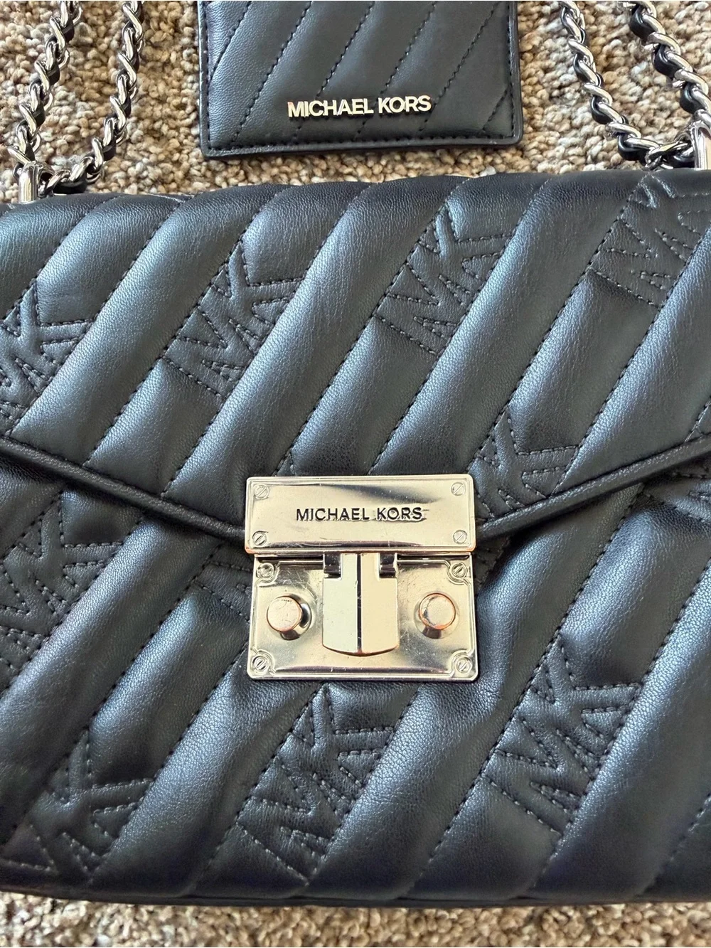 MICHAEL KORS Black Quilted Silver Chain Strap Crossbody Shoulder Bag with Wallet
